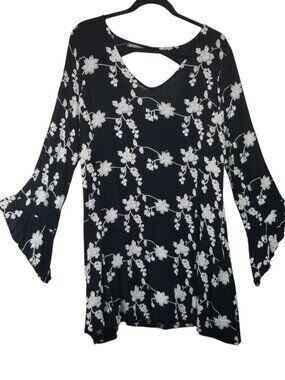 Umgee Women's Cotton Blend Black Emboidered Floral Tunic Bell Sleeve Dress Sz1XL